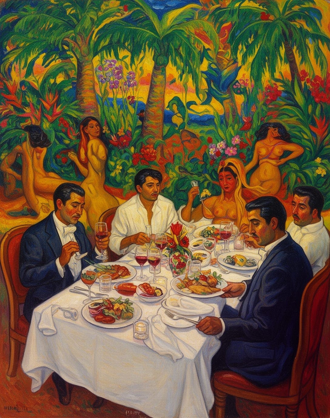A fauvist-style painting of a lush tropical feast with palm trees